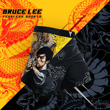 Quality Fearless Fight Shorts worldwide by Tri-Titans, Bruce Lee - Fearless Fight Shorts with Compression Inseam Tri-Titans custom wrestling gear