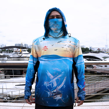 Tri-Titans - Flying Fins - Fishing Swim Rash Guard, Long Sleeve Hoodie, Fishing Shirt with Hood Tri-Titans custom wrestling gear