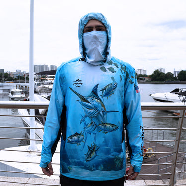 Tri-Titans - Reel Depths - Fishing Swim Rash Guard, Long Sleeve Hoodie, Fishing Shirt with Hood Tri-Titans custom wrestling gear