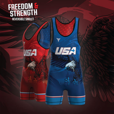 Freedom & Strength Reversible Singlet | Funk Fighter™ Antimicrobial Technology - Boys and Men Tri-Titans custom wrestling gear