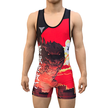 Godzilla Wrestling Singlet - Red and Blue Ver 1 Tri-Titans custom wrestling gear